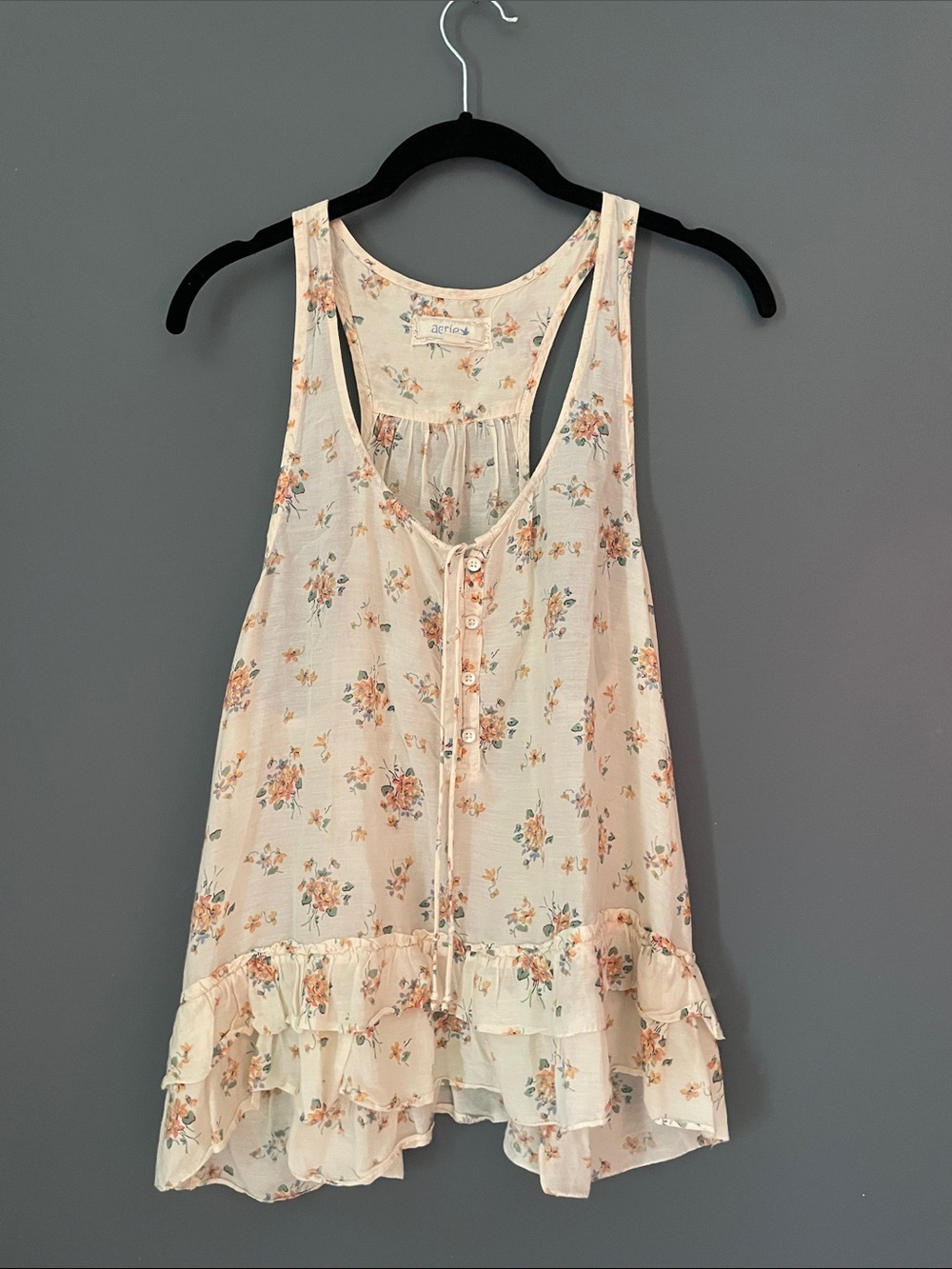 Aerie White Sleeveless Tank Top with Scoop Neck Ruffled Tie Front